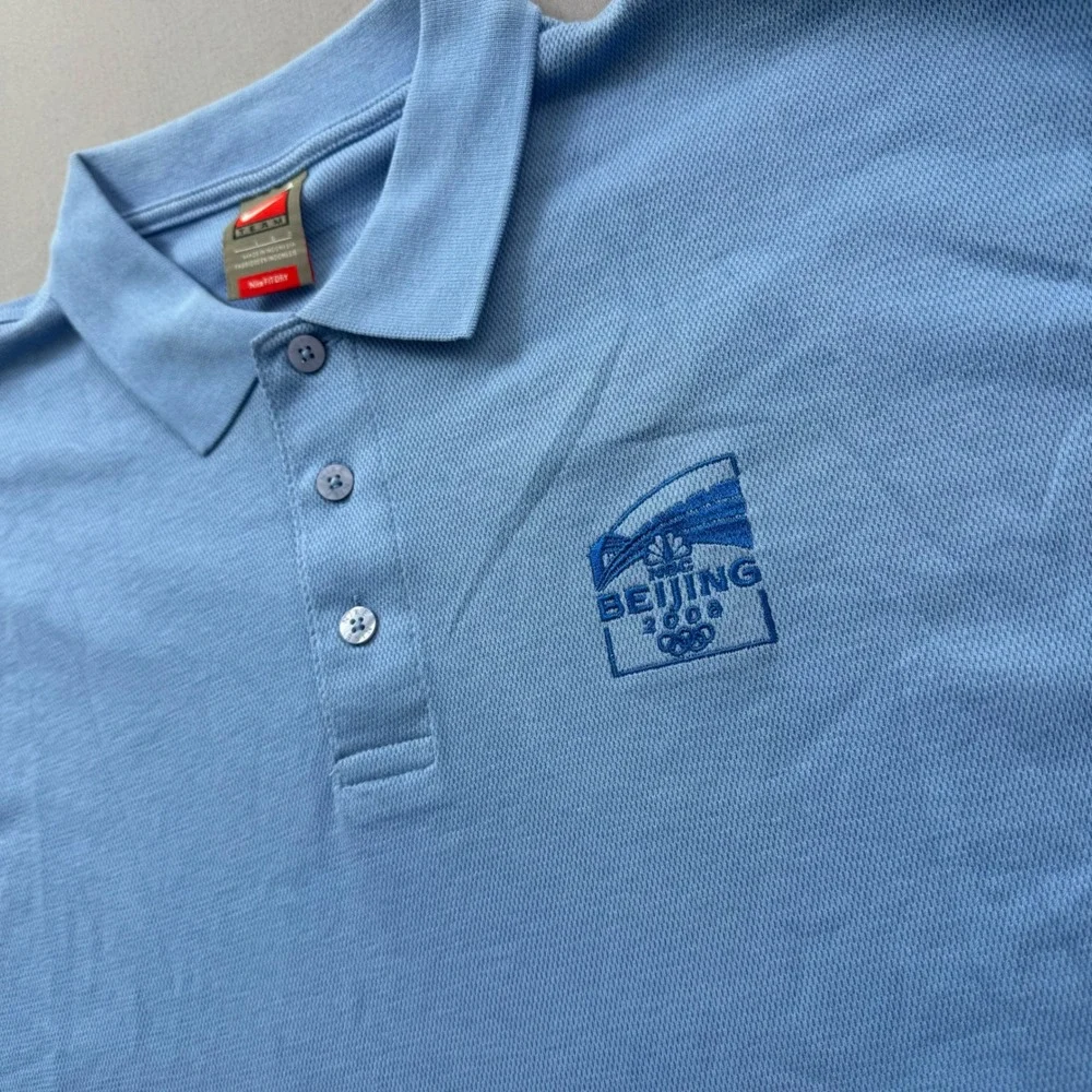 Nike Team Beijing 2008 Olympics NBC Polo Shirt Mens Large Light Blue Fit Dry